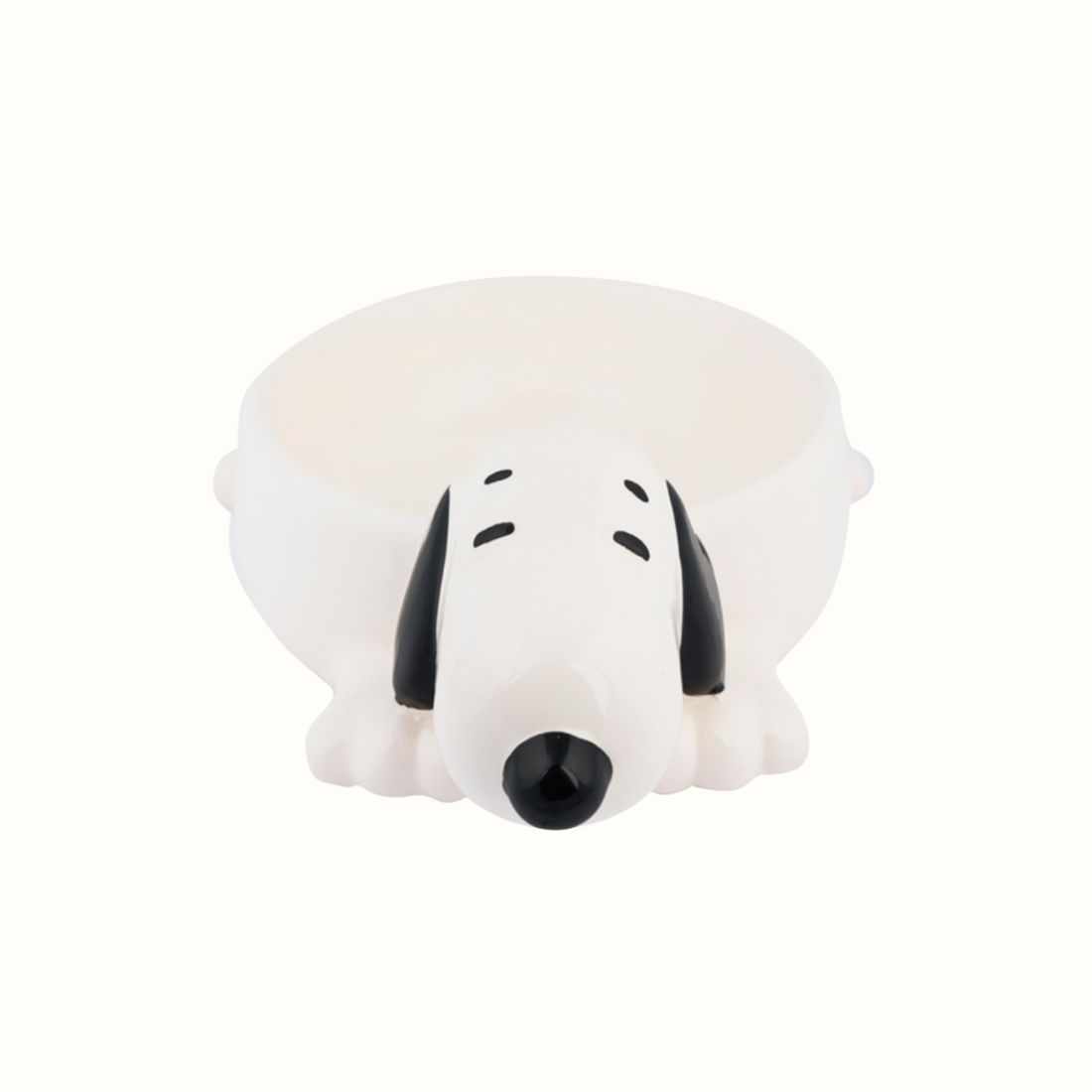 Comedouro ZOOZ para animal, de cor preto e branco, com o personagem em 3D, material de cerâmica o com interior em alumínio. Vista frontal sobre fundo branco.