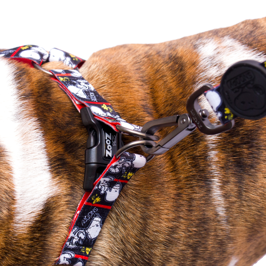 Arnês Zooz, de cores preto e branco com detalhes vermelhos e figuras do snoopy. Exibido em pormenor, num cão de porte pequeno, sobre fundo branco.
