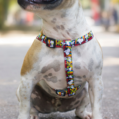 Arnês Zooz, colorido com figuras do snoopy. Exibido num cão de porte pequeno, em ambiente exterior.