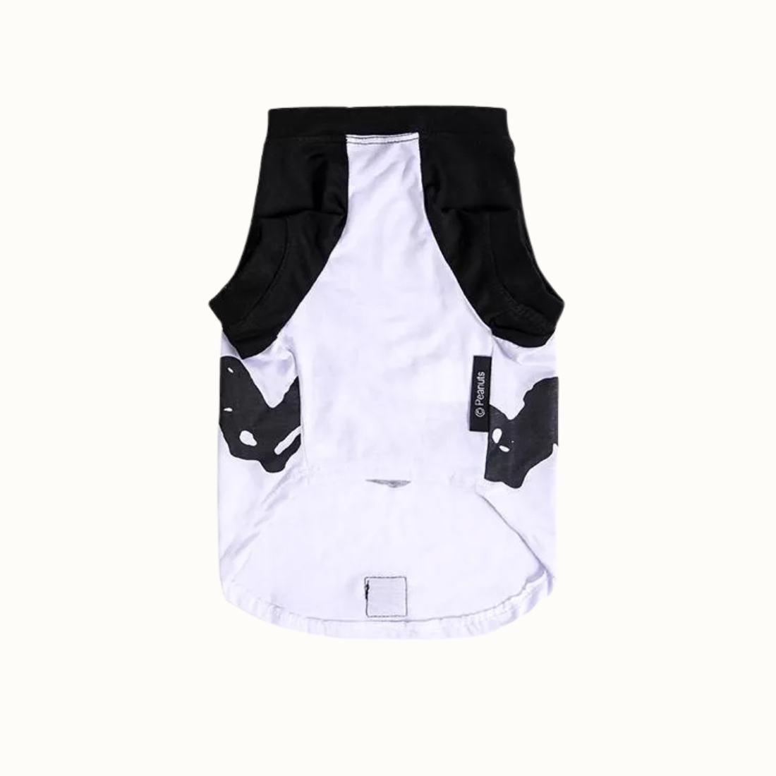 Sweatshirt ZOOZ para cão com design do Snoopy, de cor branco, com detalhes em preto. Estampa do personagem. Vista do angulo inferior, sobre fundo branco