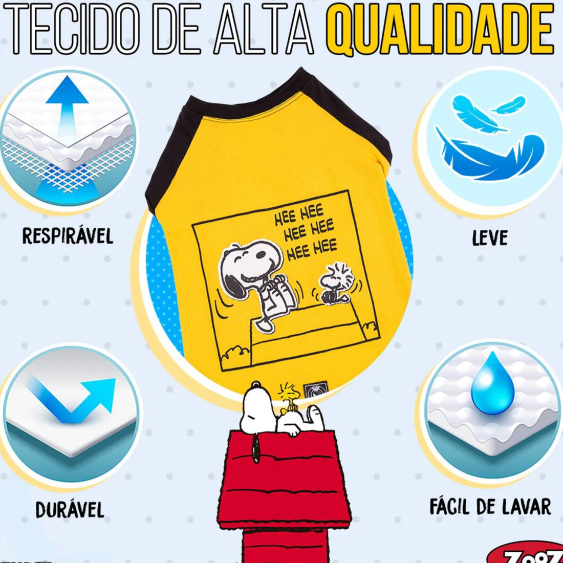 Informação sobre o tecido de uma camisola ZOOZ para cão com design do Snoopy, da cor amarelo, com detalhes pretos. Estampa divertida do personagem a rir. Sobre fundo branco.