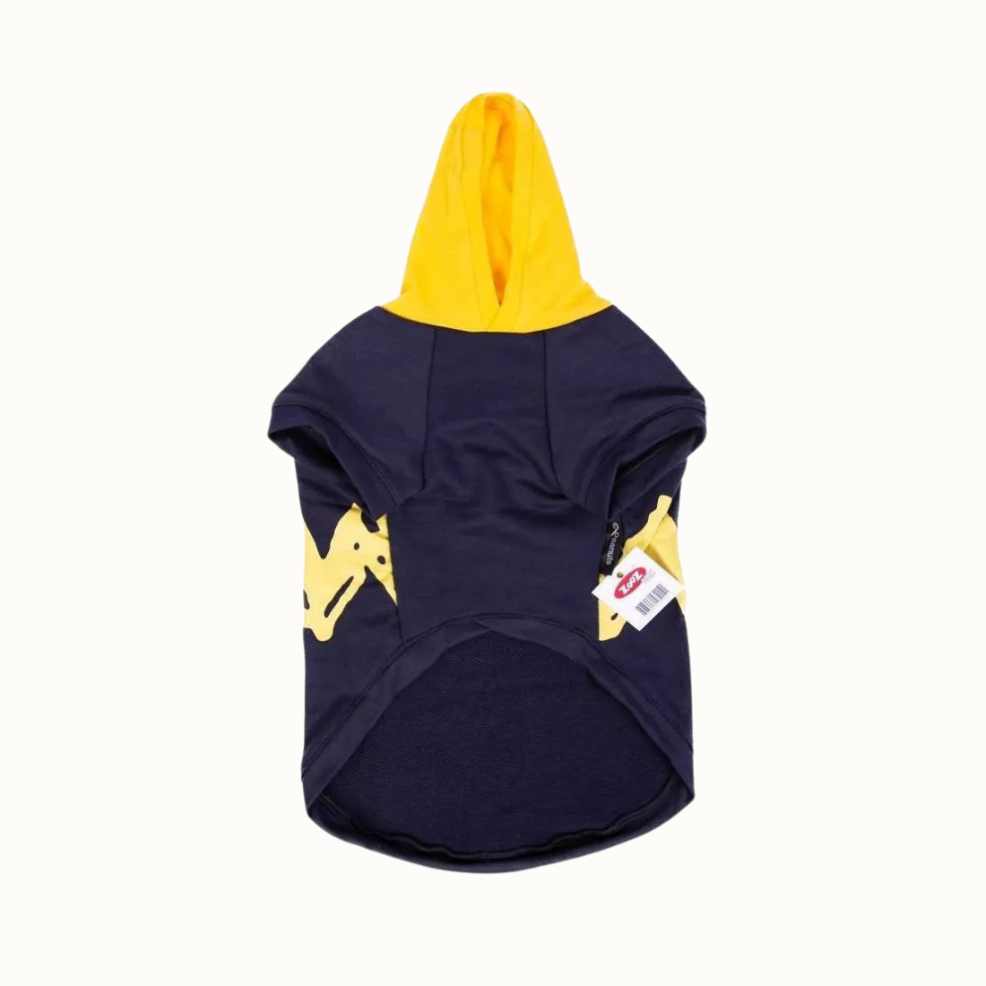 Sweatshirt ZOOZ para cão com design do Snoopy, de cor azulmarinho, com capuz e detalhes em amarelo. Estampa do personagem. Vista do angulo inferior, sobre fundo branco.