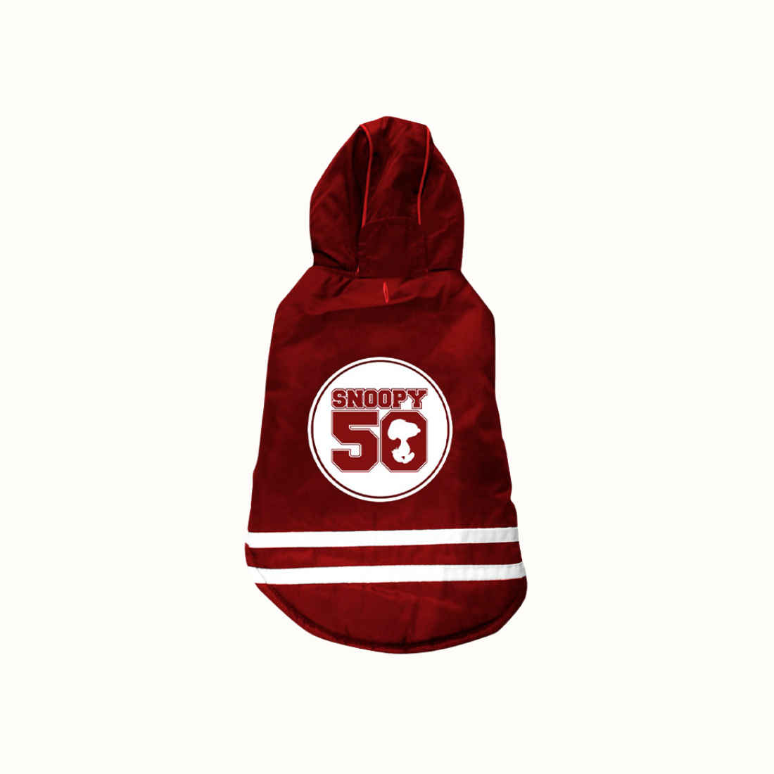 Sweatshirt ZOOZ para cão com design do Snoopy, de cor bordô, com detalhes em branco. Estampa alusiva ao personagem com o numero "50". Vista do angulo superior, sobre fundo branco.
