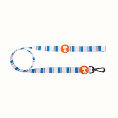 Trela do snoopy Zooz, em padrão azul branco, com detalhes em cor de laranja e figuras do personagem. Vista de frente, sobre fundo branco.