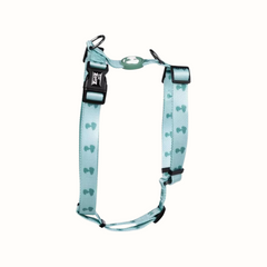 Arnês Zooz, em padrão azul claro e verde claro e figuras do snoopy. Vista lateral, sobre fundo branco.