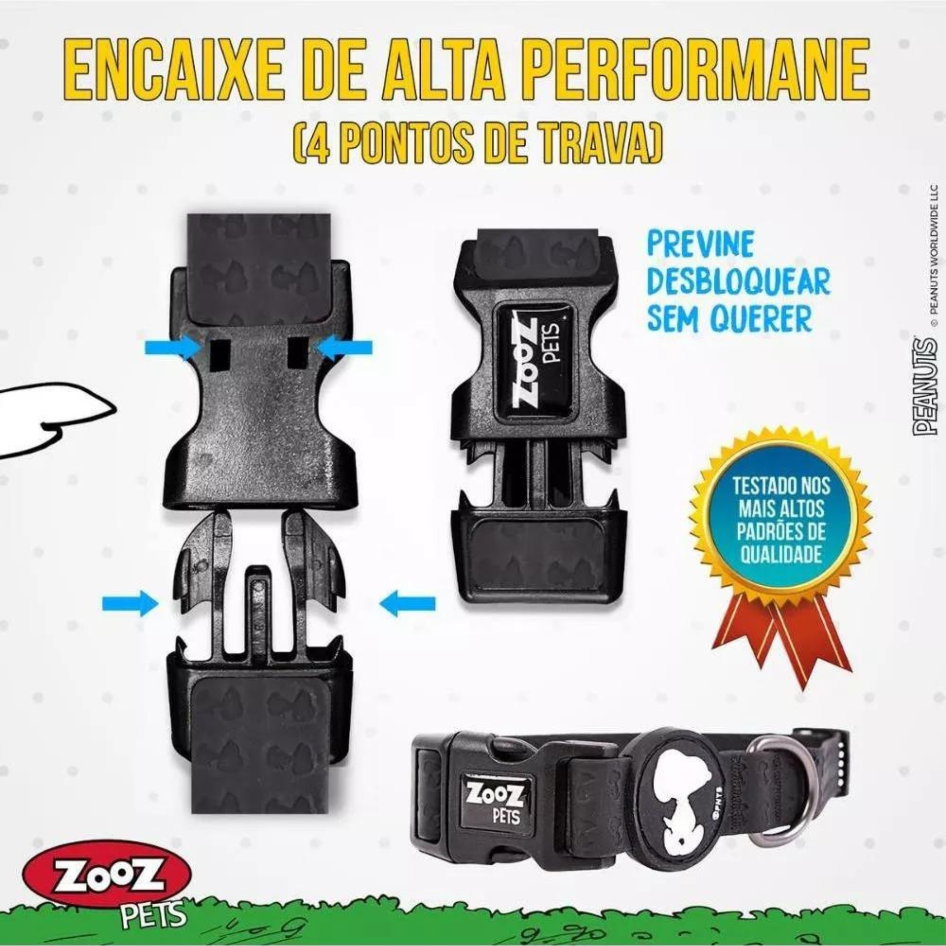 Instruções de coleira Zooz, de cor preta do snoopy. Vista de frente, sobre fundo branco.