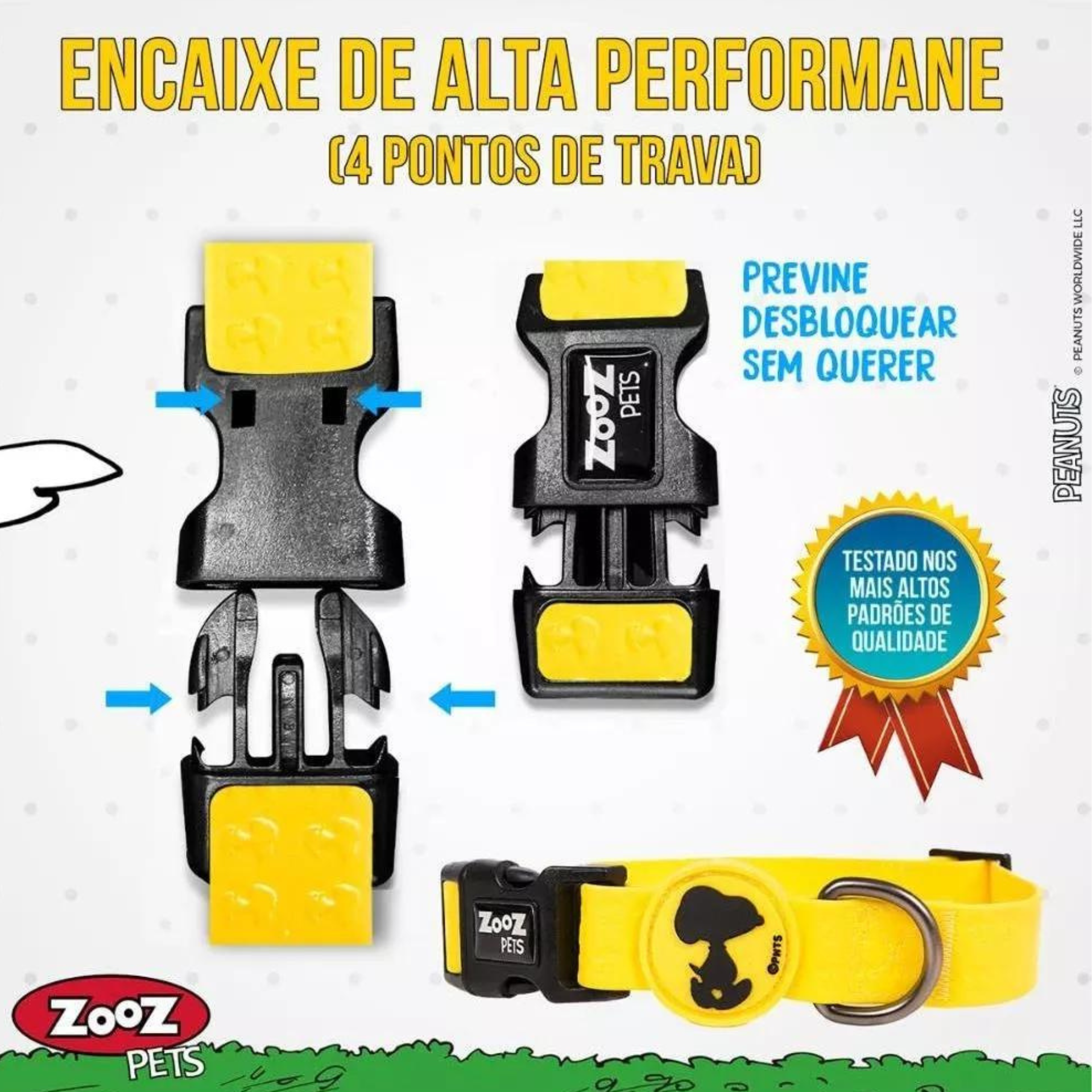 Instruções da Coleira Snoopy Zooz, de cor amarelo com detalhes em preto. Vista de frente, sobre fundo branco.