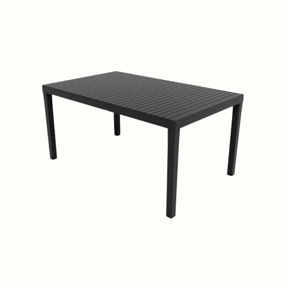 Mesa retangular IPAE PROGARDEN em plástico, de cor preta, com ranhuras no sentido horizontal e 4 pés de suporte. Sobre fundo branco.