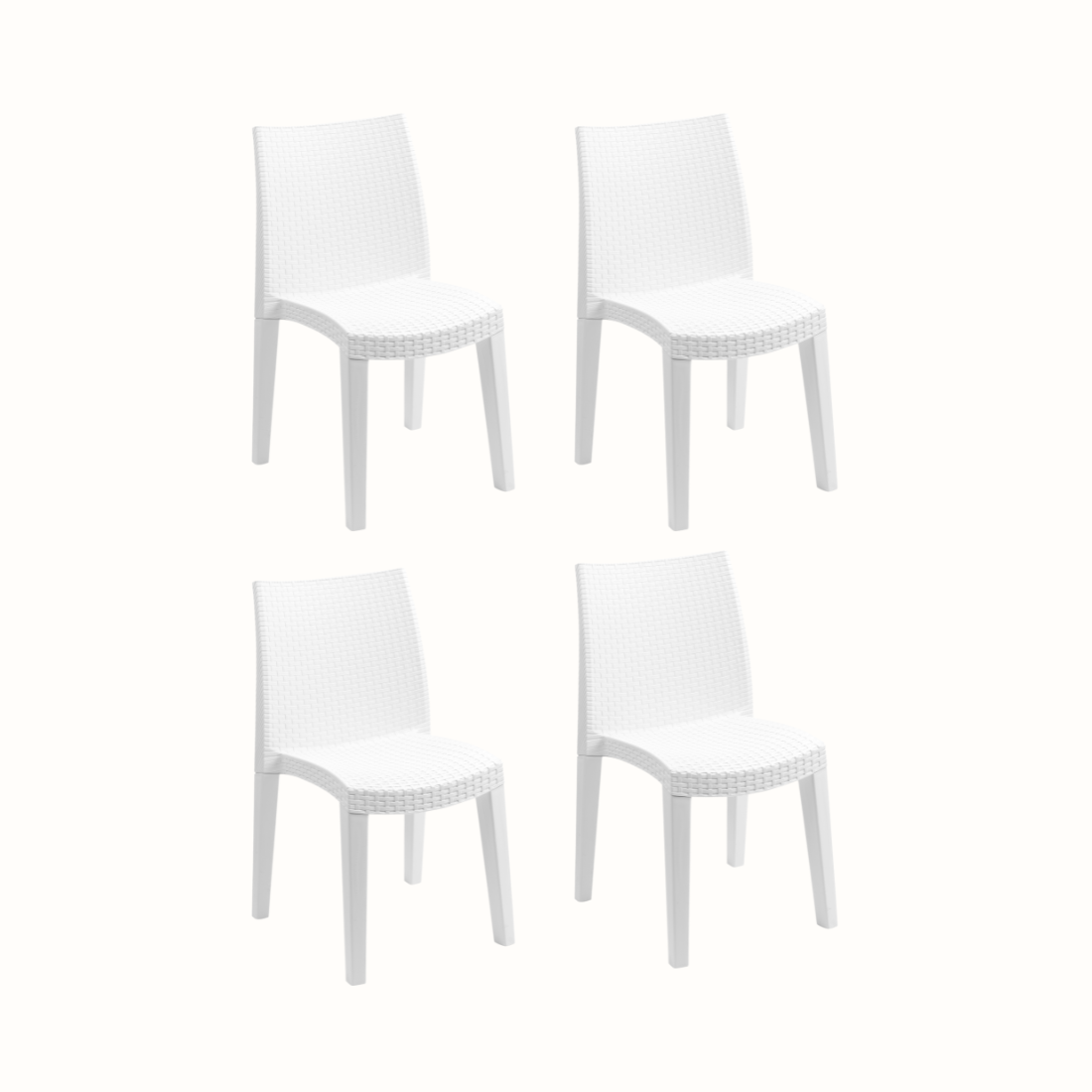 Conjunto de 4 cadeiras IPAE PROGARDEN em plástico, de cor branca, com encosto e assento com acabamento trançado. Sobre fundo branco.
