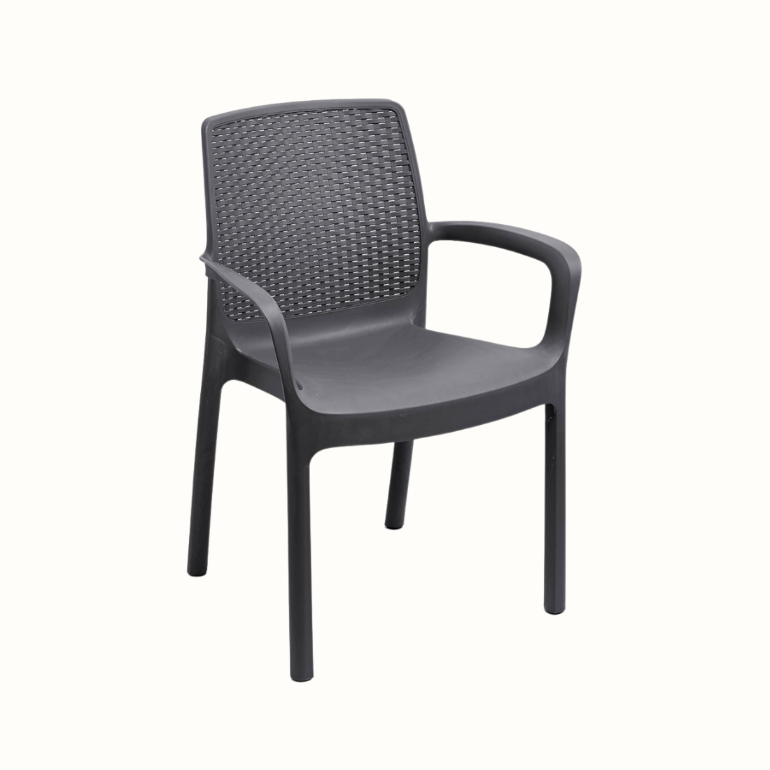 Cadeira IPAE PROGARDEN em plástico, de cor cinzenta, com encosto em acabamento trançado e braços de apoio. Sobre fundo branco.