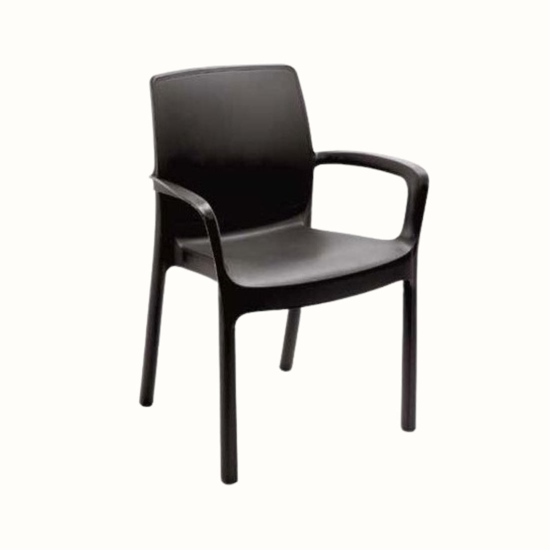 Cadeira IPAE PROGARDEN em plástico, de cor cinzenta, com braços e encosto de apoio. Sobre fundo branco.