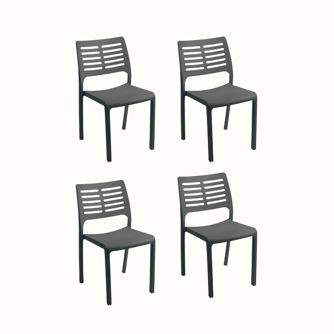 Conjunto de 4 Cadeiras IPAE PROGARDEN em plástico, de cor cinzenta e encosto com ranhuras. Sobre fundo branco.