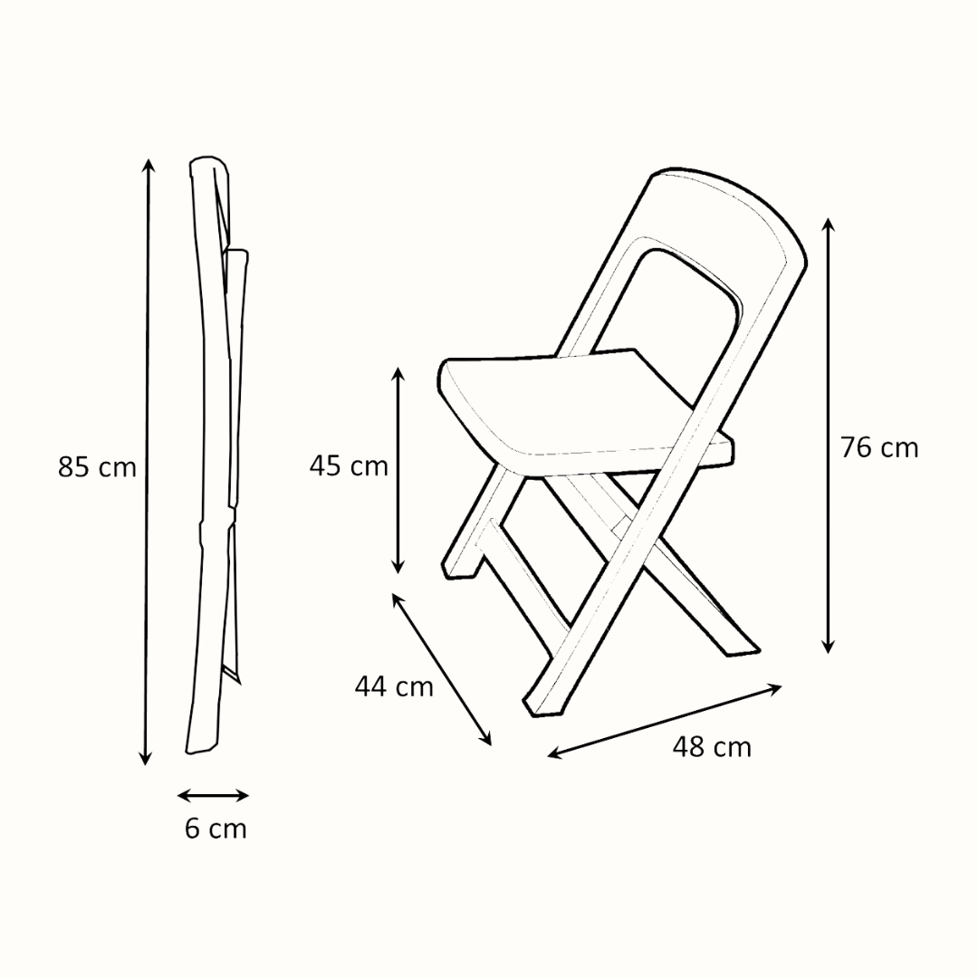 Cadeira dobrável de plástico IPAE PROGARDEN na cor preta, com assento e encosto perfurados em padrão trançado. A imagem apresenta as dimensões do produto: 76 cm de altura total, 48 cm de largura e 44 cm de profundidade, com 45 cm de altura do assento. Quando dobrada, a cadeira tem 85 cm de altura e 6 cm de espessura.