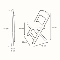 Cadeira dobrável de plástico IPAE PROGARDEN na cor preta, com assento e encosto perfurados em padrão trançado. A imagem apresenta as dimensões do produto: 76 cm de altura total, 48 cm de largura e 44 cm de profundidade, com 45 cm de altura do assento. Quando dobrada, a cadeira tem 85 cm de altura e 6 cm de espessura.