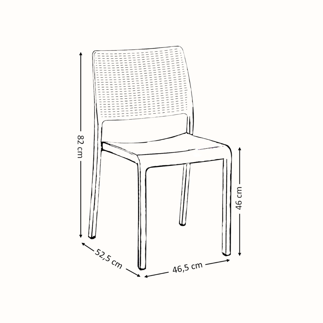 Detalhes sobre as dimensões e uma Cadeira IPAE PROGARDEN em plástico, de cor cinzenta, com encosto em acabamento trançado. Sobre fundo branco.