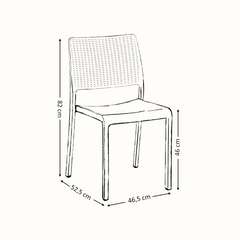 Detalhes sobre as dimensões e uma Cadeira IPAE PROGARDEN em plástico, de cor cinzenta, com encosto em acabamento trançado. Sobre fundo branco.