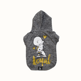Sweatshirt Zooz para cão em cinza mesclado, com estampa do Snoopy abraçado ao Charlie Brown e a palavra "Loyal" em amarelo. Vista de frente, sobre fundo branco.