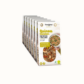Quinoa Real Trevijano em embalagem de cartão e plástico transparente, com uma mistura de quinoa real desidratada e vegetais. A embalagem tem um rótulo com o nome do produto e informações nutricionais. Fundo branco.