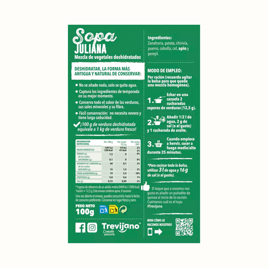 Sopa Juliana Vegan: Preparado de vegetais desidratados. Recria o sabor da cozinha tradicional. Preparação rápida e fácil.