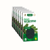 Alga Wakame Trevijano em embalagem de cartão e plástico transparente, com uma mistura de alga wakame desidratada. A embalagem tem um rótulo com o nome do produto e informações nutricionais. Fundo branco.