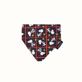Bandana Zooz do Snoopy, preto e branco, com detalhes em vermelho.  Vista de frente, sobre fundo branco.
