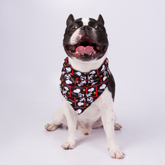 Bandana Zooz do Snoopy, preto e branco, com detalhes em vermelho. Exibida num cão de porte pequeno, sobre fundo branco.