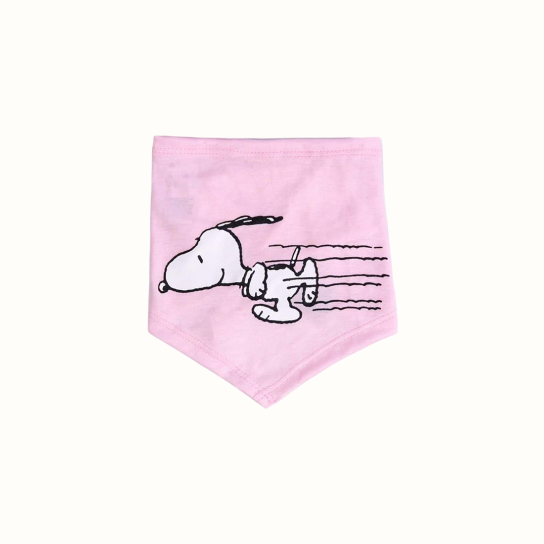 Bandana Zooz, cor de rosa claro com desenho do Snoopy. Vista frontal, sobre fundo branco.
