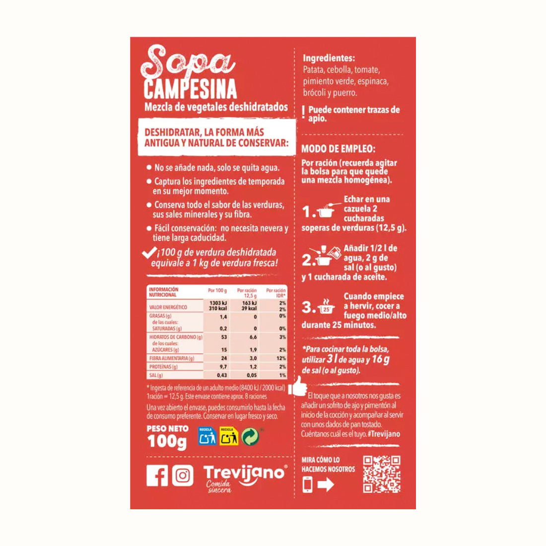 Sopa Camponesa Vegan: Preparado de vegetais desidratados. Recria a famosa sopa italiana Minestrone. Preparação rápida.