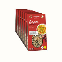 Sopa Camponesa Vegan: Preparado de vegetais desidratados. Recria a famosa sopa italiana Minestrone. Preparação rápida.