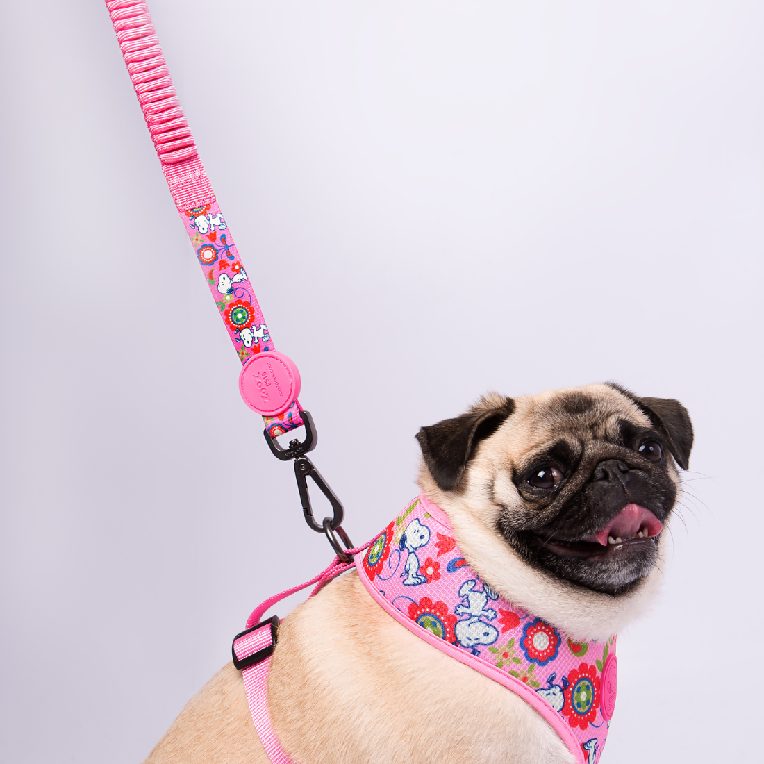 Trela Zooz ajustável, de padrão cor de rosa e floral, com figuras do snoopy. 
Exibida por um cão, sobre fundo branco. 