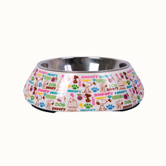 Comedouro ZOOZ para animal, com design do Snoopy, featuring ilustrações coloridas do personagem e elementos como pegadas e ossos. Material de plástico, com interior em alumínio. Vista frontal sobre fundo branco. 