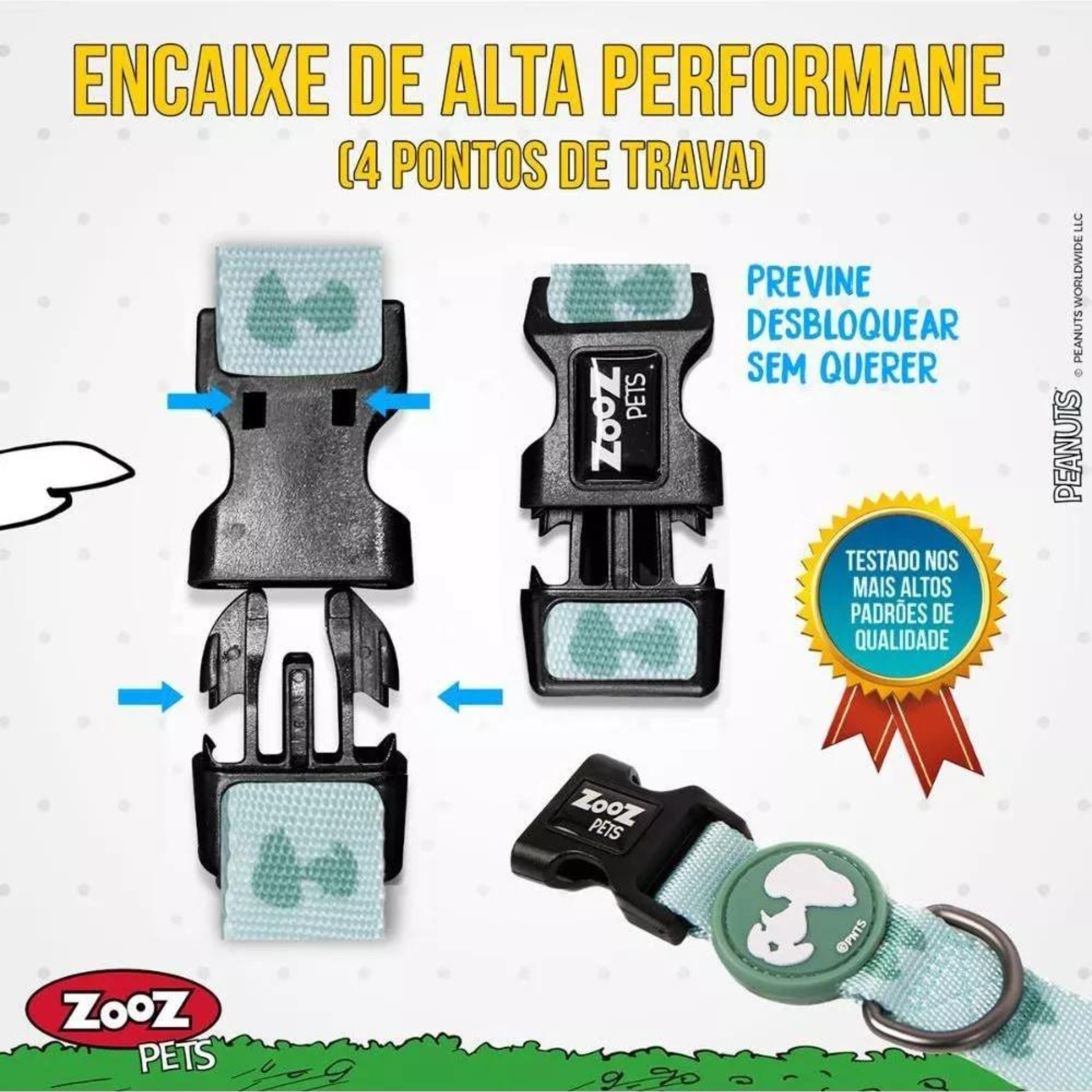 Instruções de encaixe da Coleira Zooz, em padrão azul claro e verde claro e figuras do snoopy. Vista de frente, sobre fundo branco. 