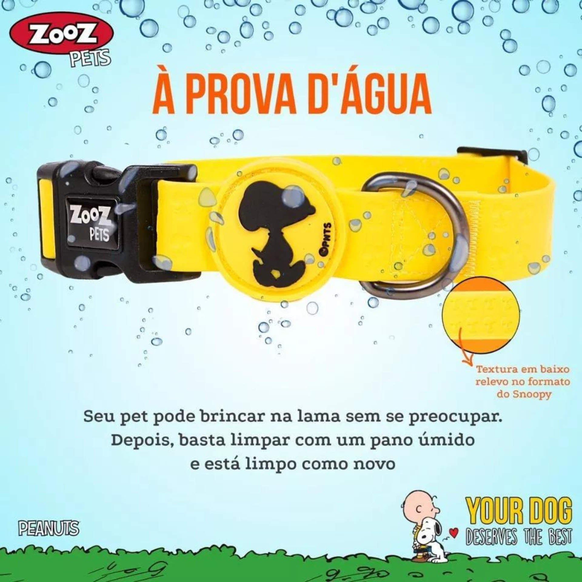 Características da Coleira Snoopy Zooz, de cor amarelo com detalhes em preto. Vista de frente, sobre fundo branco. 