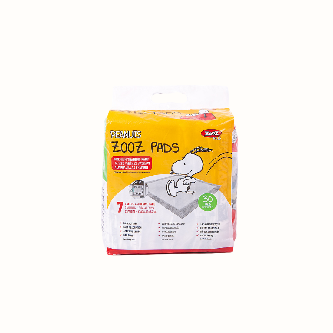 Resguardos Zooz, Absorventes do Snoopy para animal. Vista frontal das indicações do produto na embalagem. 