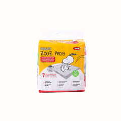Resguardos Zooz, Absorventes do Snoopy para animal. Vista frontal das indicações do produto na embalagem. 