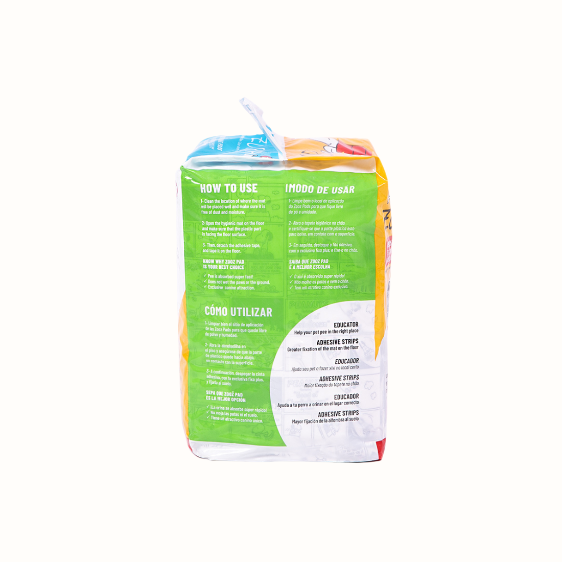Resguardos Zooz, Absorventes do Snoopy para animal. Vista frontal das indicações  de como usar o produto na embalagem, sobre fundo branco.