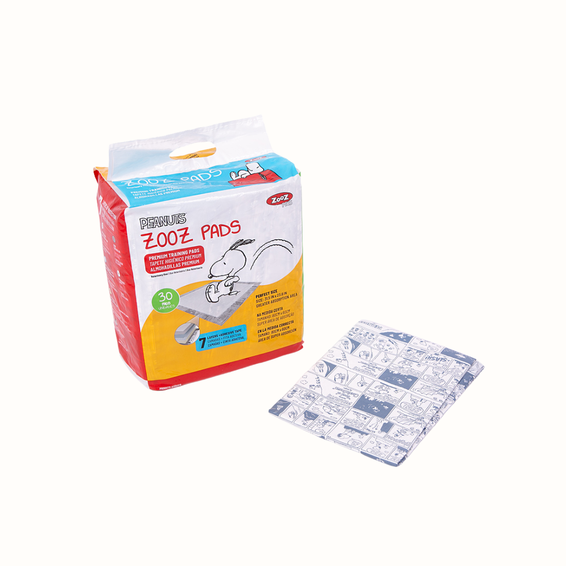 Resguardos Zooz, Absorventes do Snoopy para animal. Vista de cima do produto na embalagem, sobre fundo branco. 