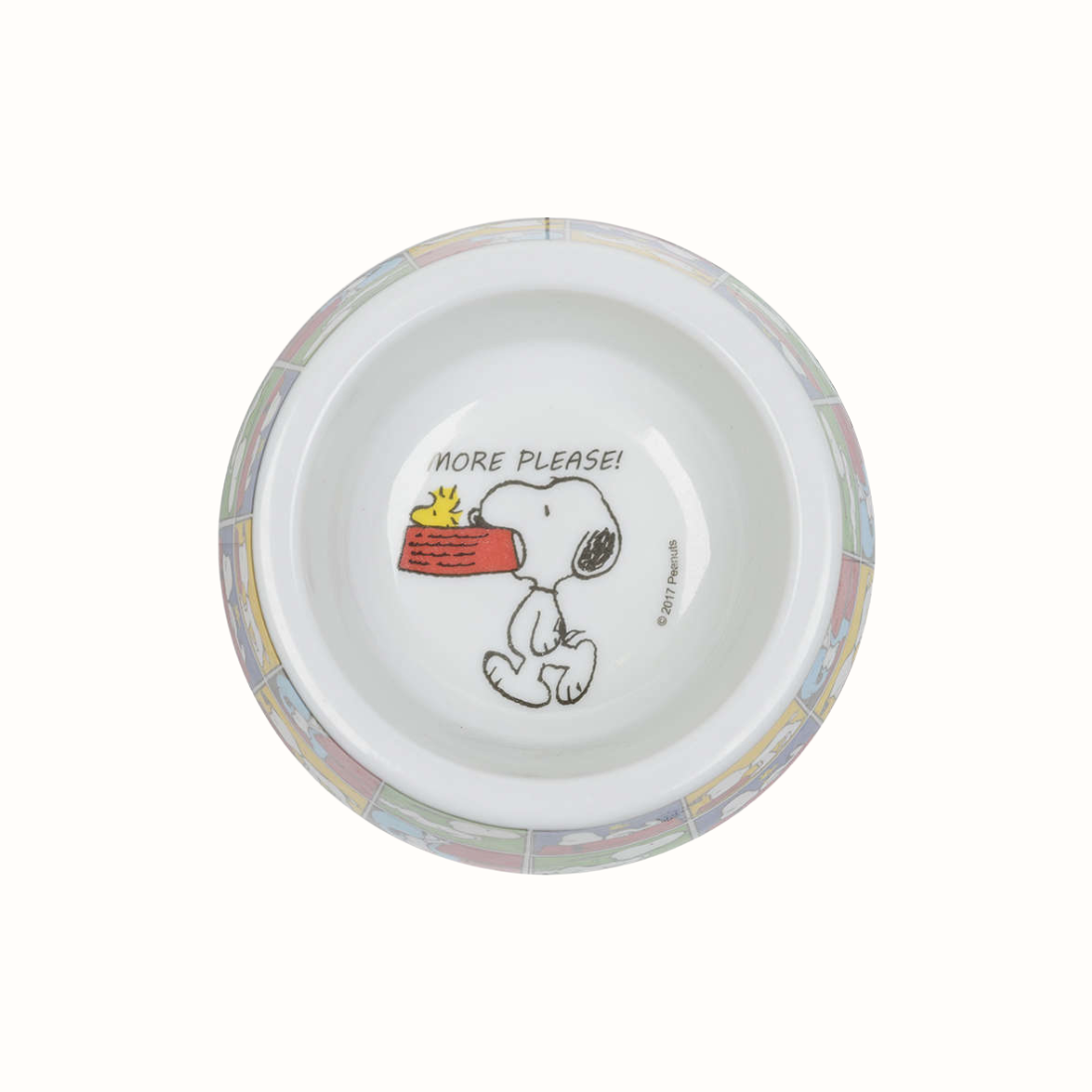Comedouro ZOOZ para animal, com design do Snoopy, featuring ilustrações coloridas do personagem. Material de plástico. Vista de cima, sobre fundo branco. 