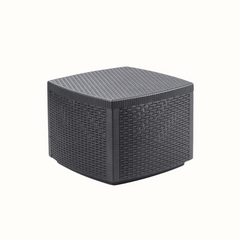 Mesa com arrumação IPAE PROGARDEN em plástico, de cor cinzenta, com  acabamento trançado. Sobre fundo branco. 