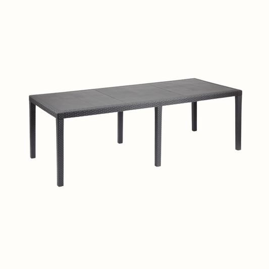 Mesa IPAE PROGARDEN em plástico, de cor cinzenta, com ranhuras e acabamento trançado e 6 pés de suporte. Sobre fundo branco. 