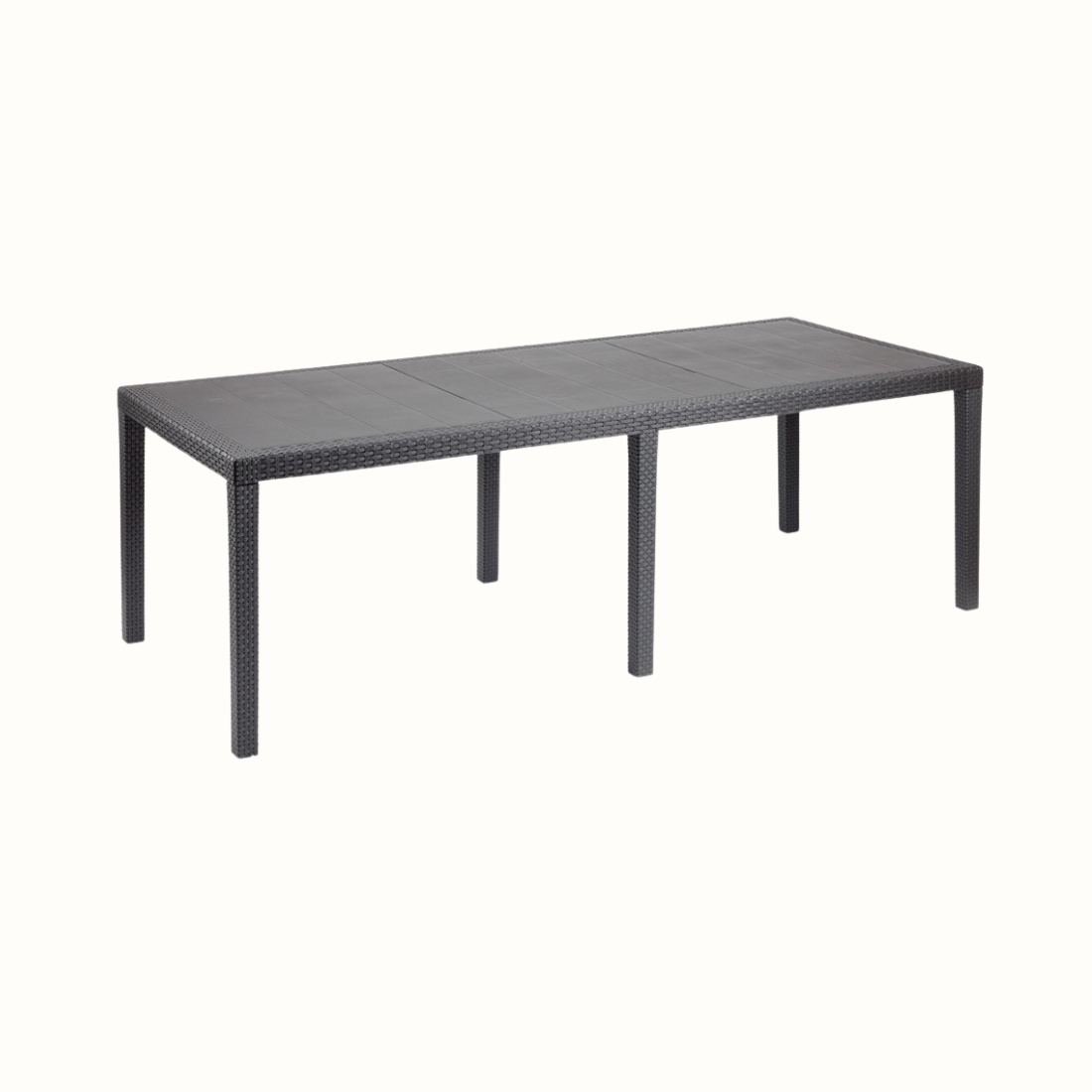 Mesa IPAE PROGARDEN em plástico, de cor cinzenta, com ranhuras e acabamento trançado e 6 pés de suporte. Sobre fundo branco. 