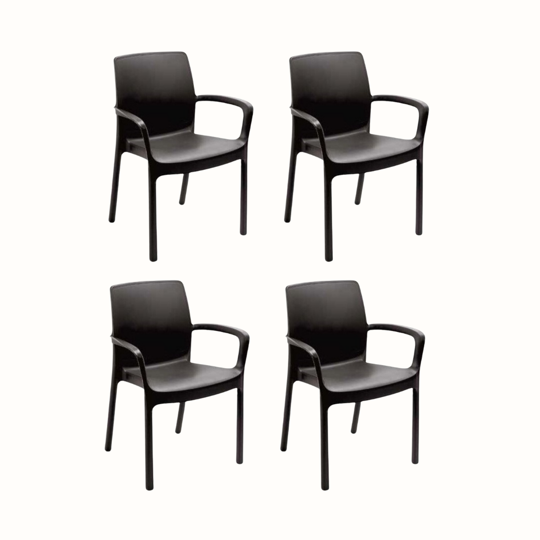 Conjunto de 4 Cadeiras IPAE PROGARDEN em plástico, de cor cinzenta, com braços e encosto de apoio. Sobre fundo branco. 