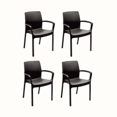 Conjunto de 4 Cadeiras IPAE PROGARDEN em plástico, de cor cinzenta, com braços e encosto de apoio. Sobre fundo branco. 