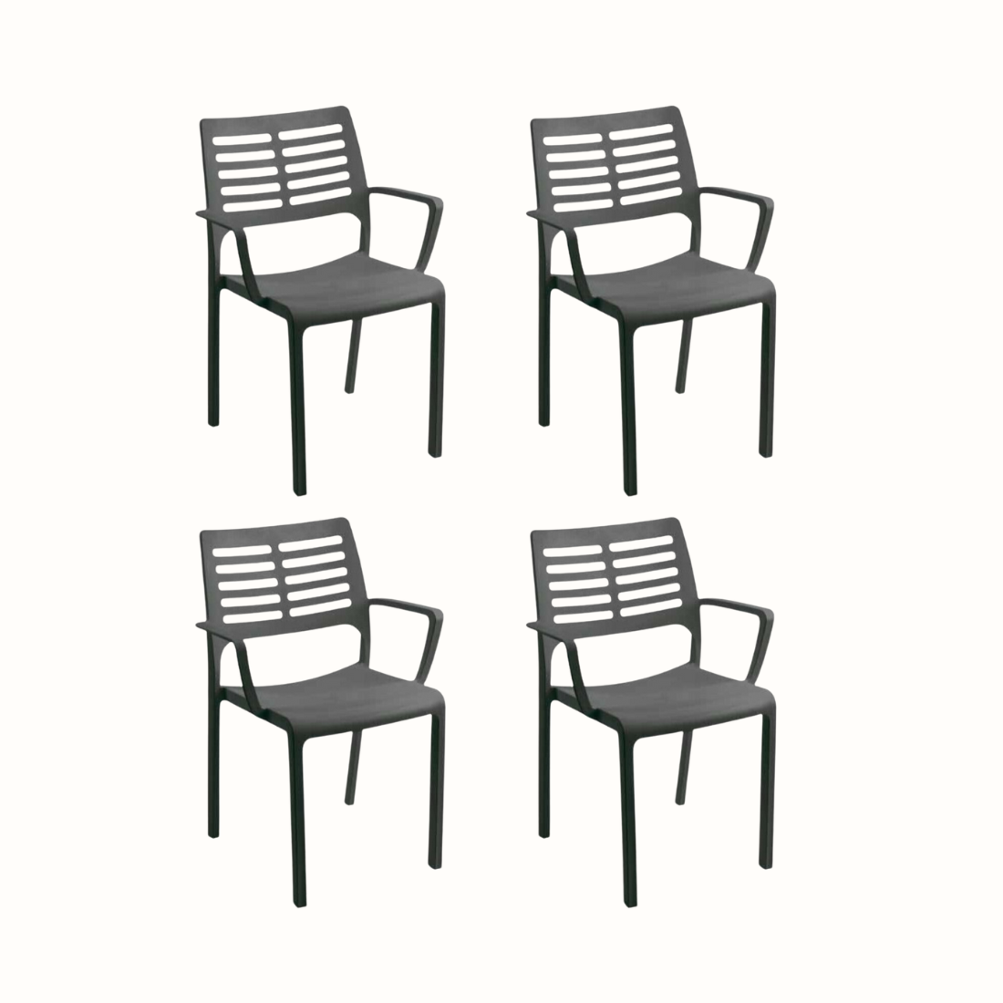 Conjunto de 4 cadeiras IPAE PROGARDEN em plástico, de cor cinzenta, com braços de apoio e encosto com ranhuras. Sobre fundo branco. 
