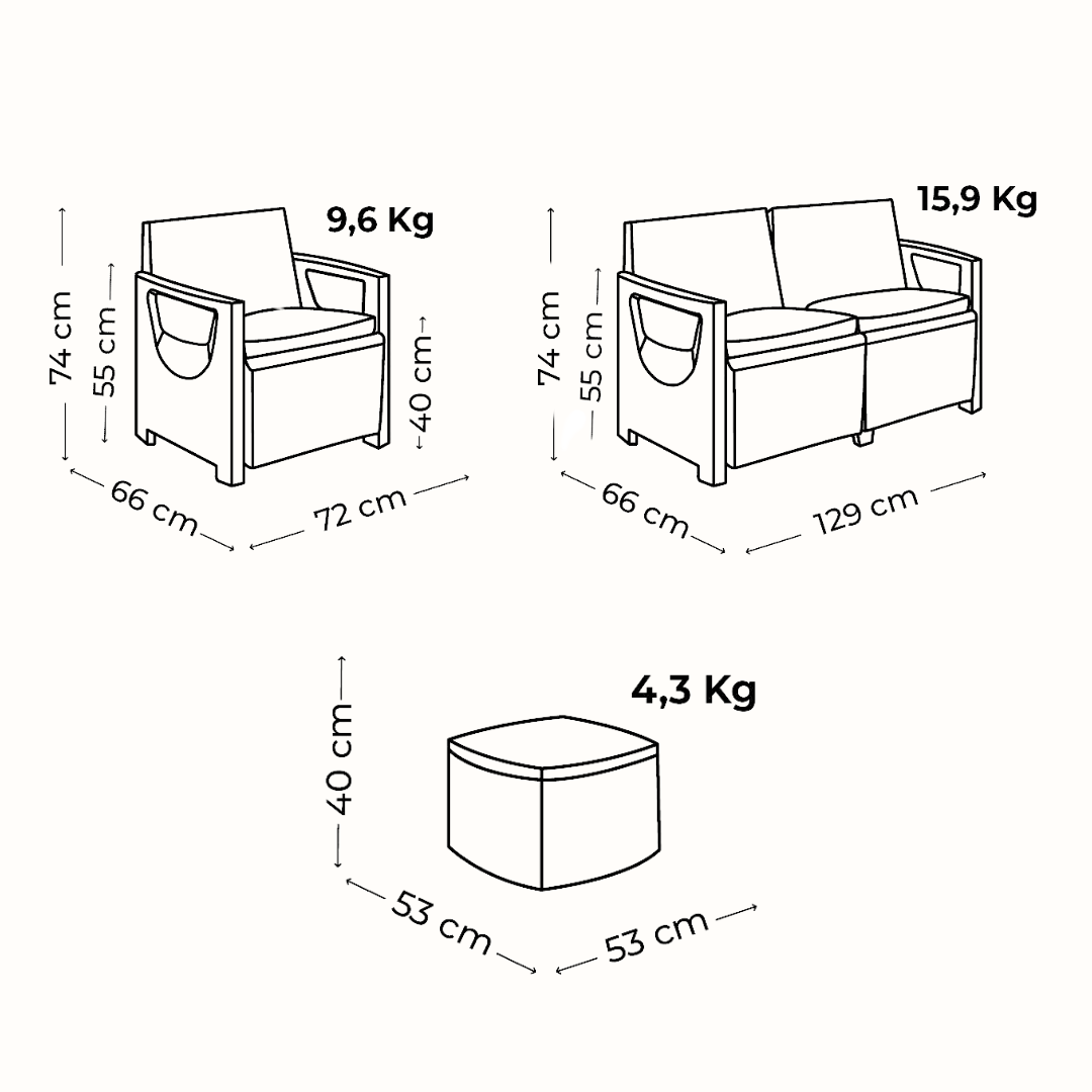 Ilustração com medidas do conjunto IPAE PROGARDEN, composto por um sofá de dois lugares, dois cadeirões e uma mesa, em plástico com acabamento trançado e almoçadas de acento de cor cinzento, sobre fundo branco. 