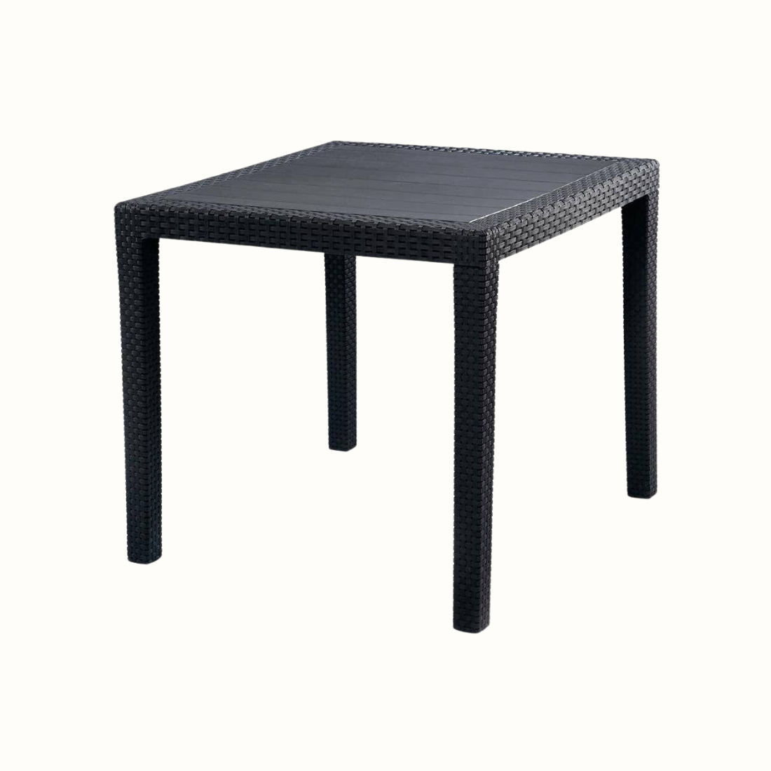 Mesa IPAE PROGARDEN em plástico, de cor cinzenta, com ranhuras e acabamento trançado e 4 pés de suporte. Sobre fundo branco. 