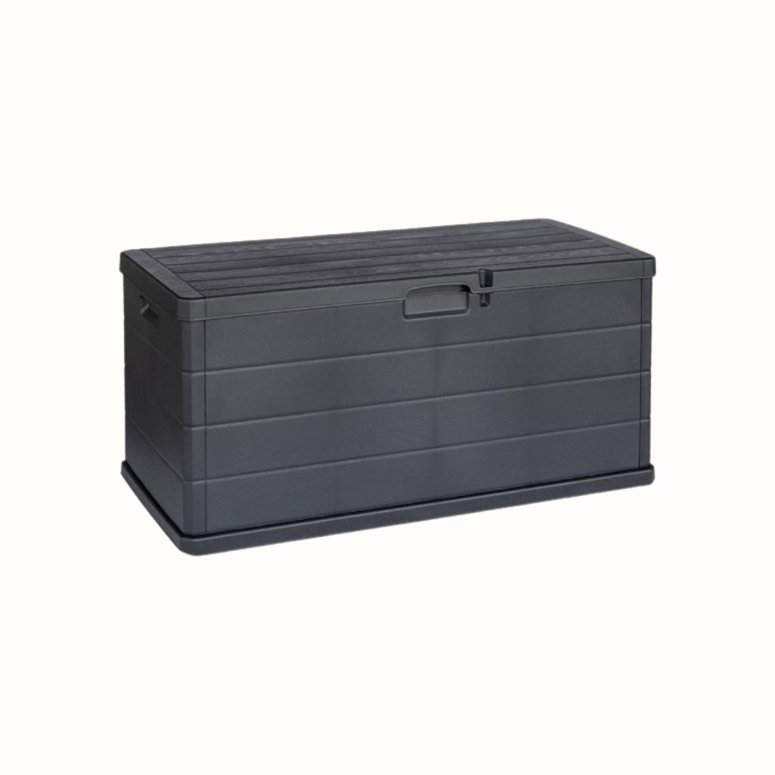 Baú de arrumação IPAE PROGARDEN, de plástico com efeito madeira, cor cinzenta. Sobre fundo Banco. 