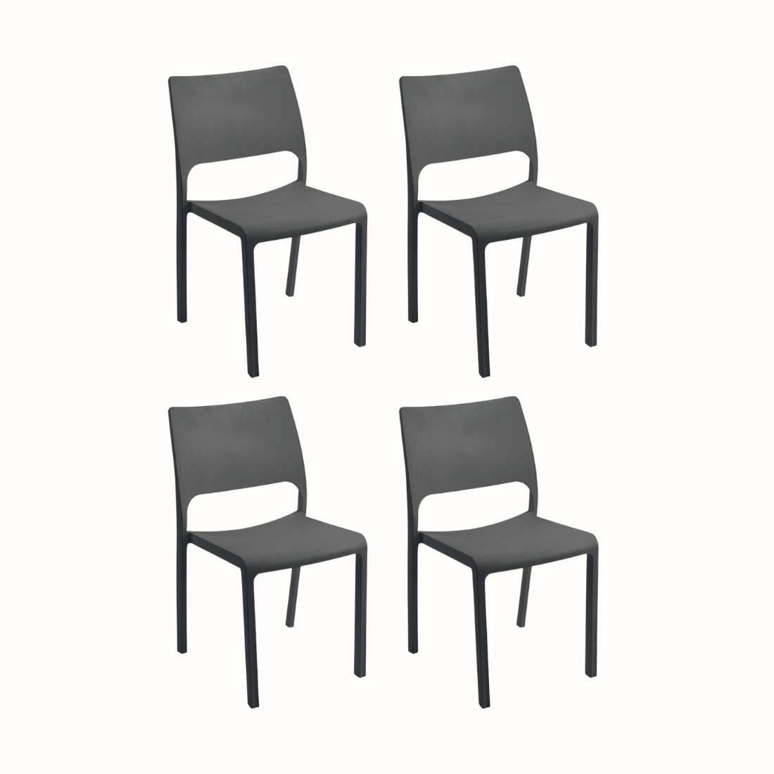 Conjunto de 4 Cadeiras IPAE PROGARDEN em plástico, de cor cinzenta e com encosto Sobre fundo branco. 