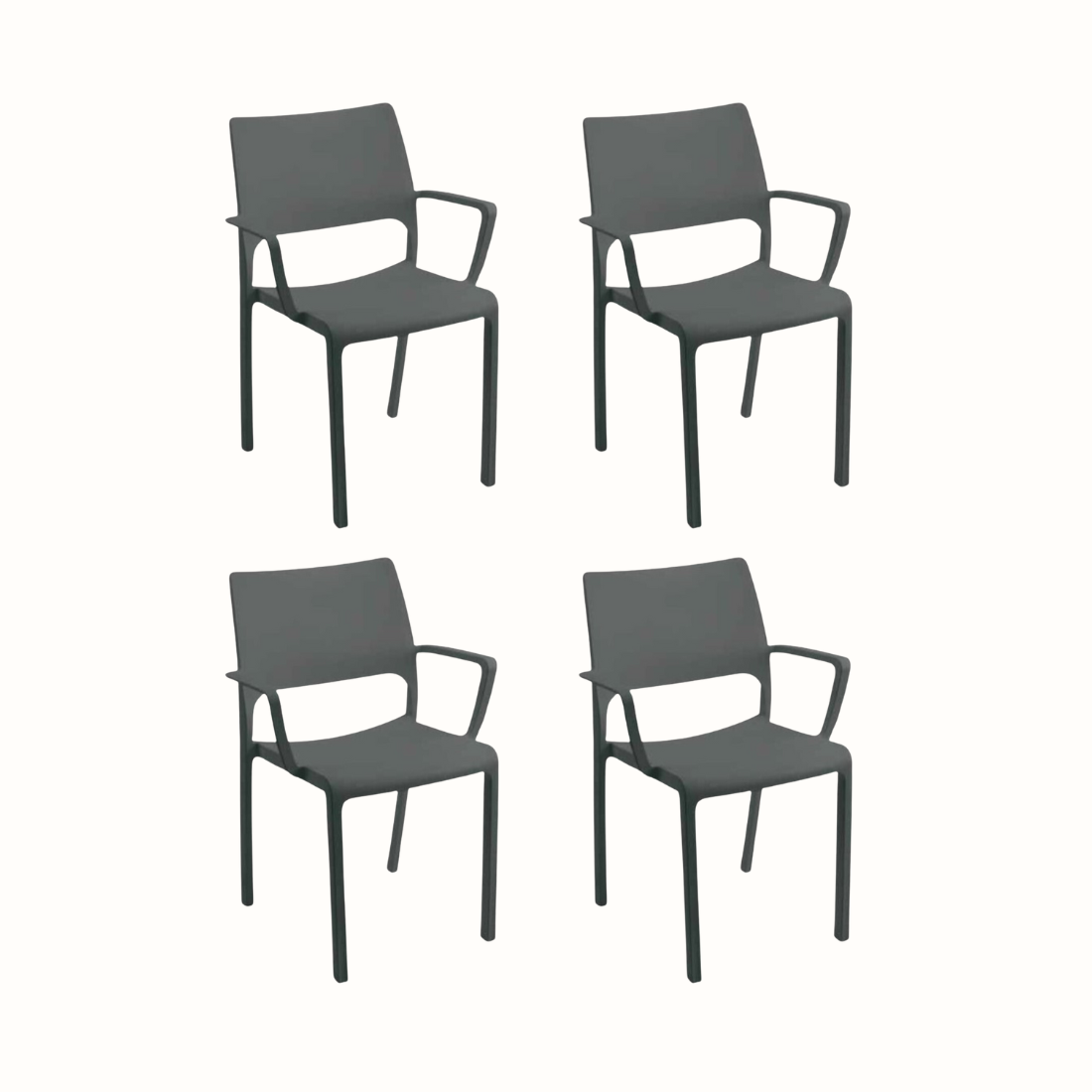 Conjunto de 4 Cadeira IPAE PROGARDEN em plástico, de cor cinzenta, com braços e encosto de apoio. Sobre fundo branco. 