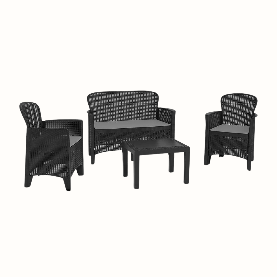 Conjunto de 2 cadeirões, 1 cadeirão duplo e uma mesa IPAE PROGARDEN, de cor preta, com acabamento entrançado e assento com almofada. Exibido sobre fundo branco. 